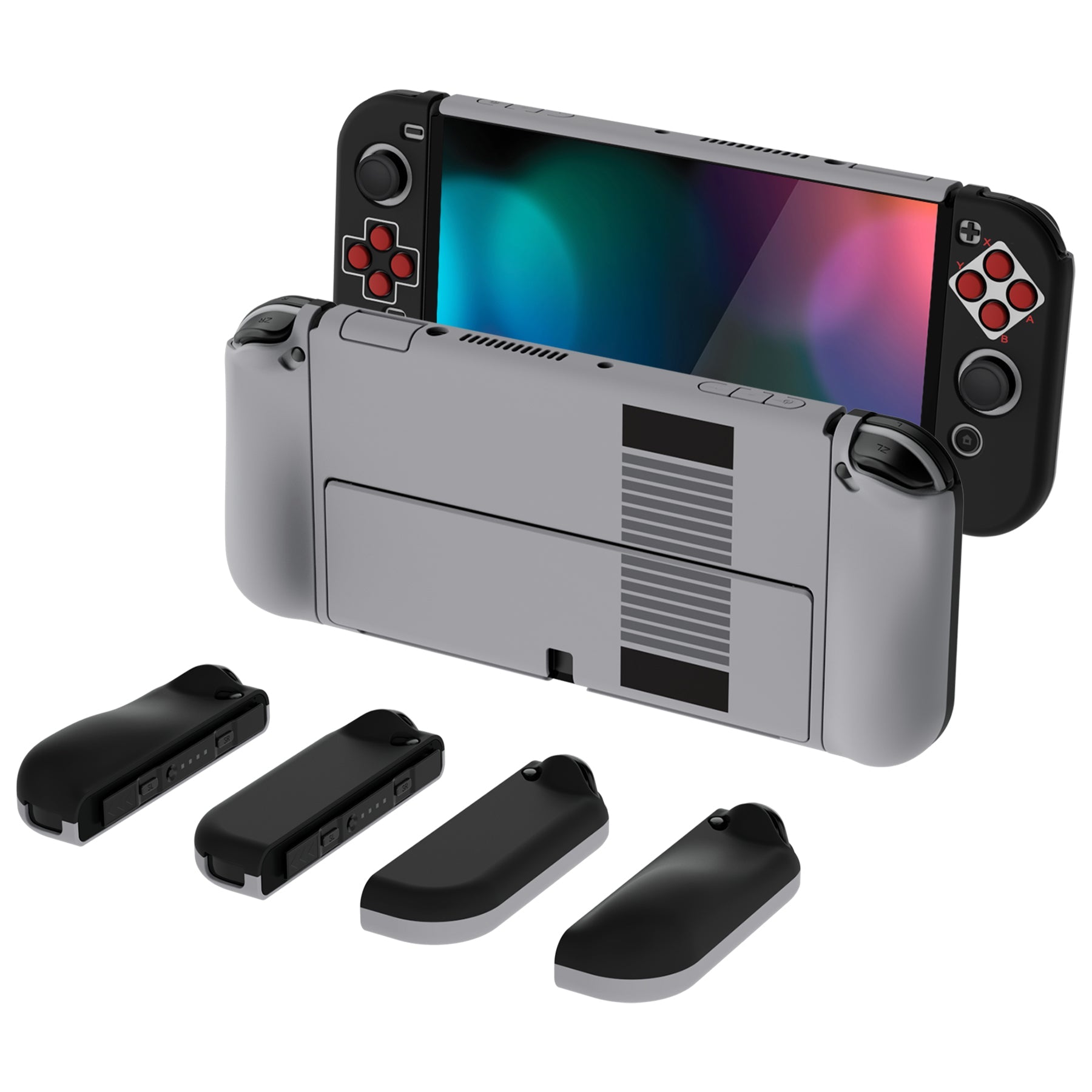 PlayVital AlterGrips Protective Slim Case for Nintendo Switch OLED, Ergonomic Grip Cover for Joycon, Dockable Hard Shell for Switch OLED w/Thumb Grip Caps & Button Caps - Classics NES Style - JSOYY7002 playvital