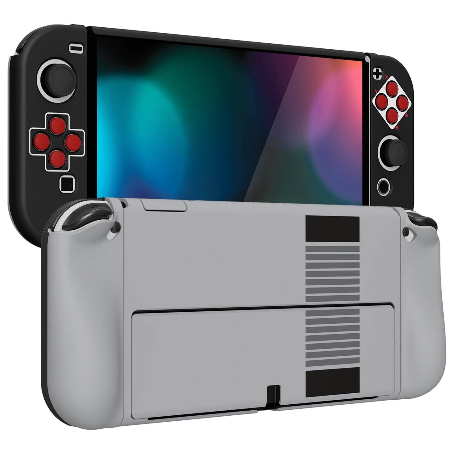 PlayVital AlterGrips Protective Slim Case for Nintendo Switch OLED, Ergonomic Grip Cover for Joycon, Dockable Hard Shell for Switch OLED w/Thumb Grip Caps & Button Caps - Classics NES Style - JSOYY7002 playvital