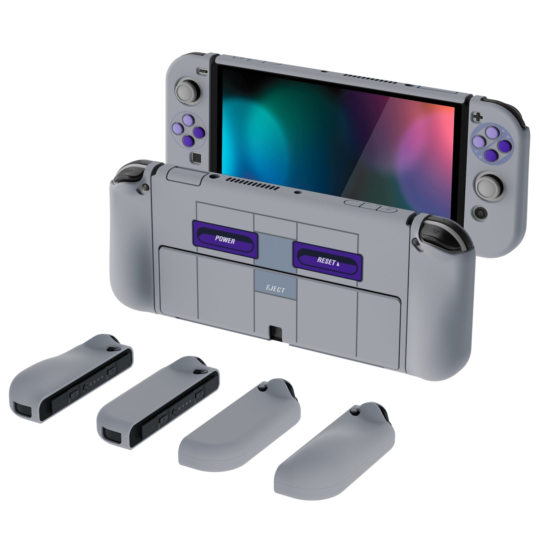 PlayVital AlterGrips Protective Slim Case for Nintendo Switch OLED, Ergonomic Grip Cover for Joycon, Dockable Hard Shell for Switch OLED with Thumb Grip Caps & Button Caps - Classics SNES Style - JSOYY7003 playvital