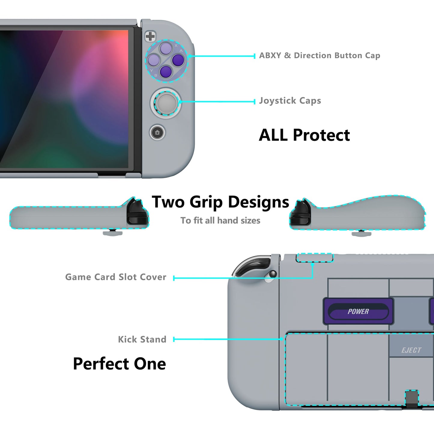 PlayVital AlterGrips Protective Slim Case for Nintendo Switch OLED, Ergonomic Grip Cover for Joycon, Dockable Hard Shell for Switch OLED with Thumb Grip Caps & Button Caps - Classics SNES Style - JSOYY7003 playvital