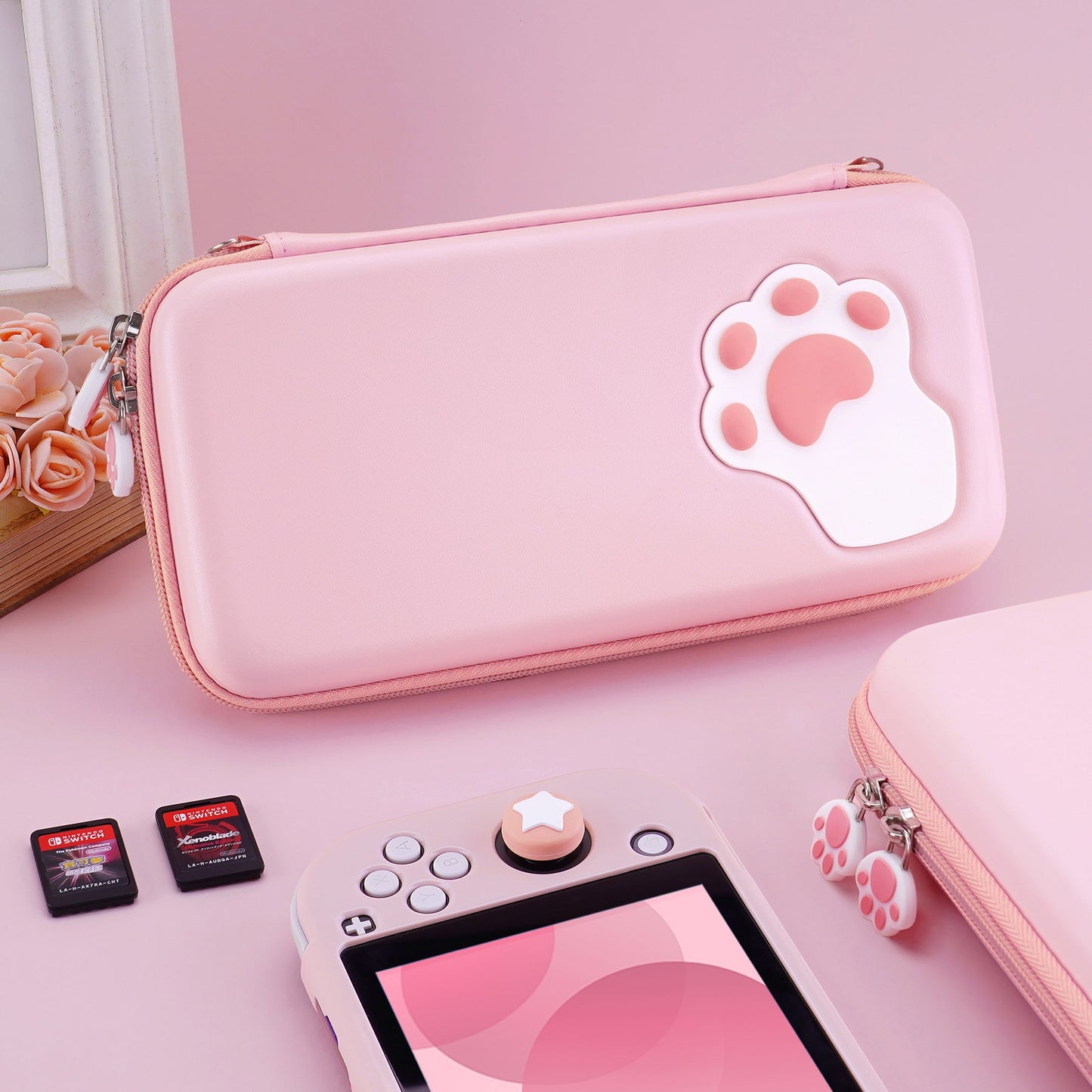 PlayVital Pink Switch Lite Travel Carrying Case, Cat Paw Hard Portable Pouch, Soft Velet Lining Carry Storage Bag for Nintendo Switch Lite w/ Thumb Grips 10 Game Cards Slots Inner Pocket - LTW001 PlayVital