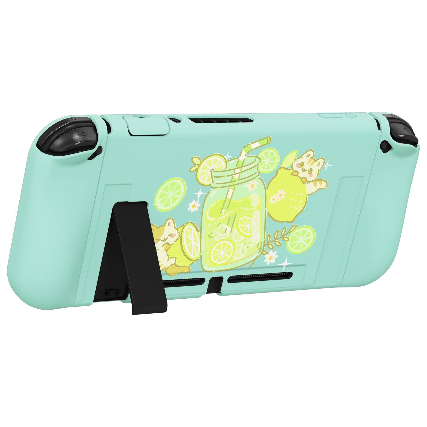 PlayVital ZealProtect Soft Protective Case for Nintendo Switch, Flexible Cover for Switch with Tempered Glass Screen Protector & Thumb Grips & ABXY Direction Button Caps - Lemonade Kitty - RNSYV6046 playvital