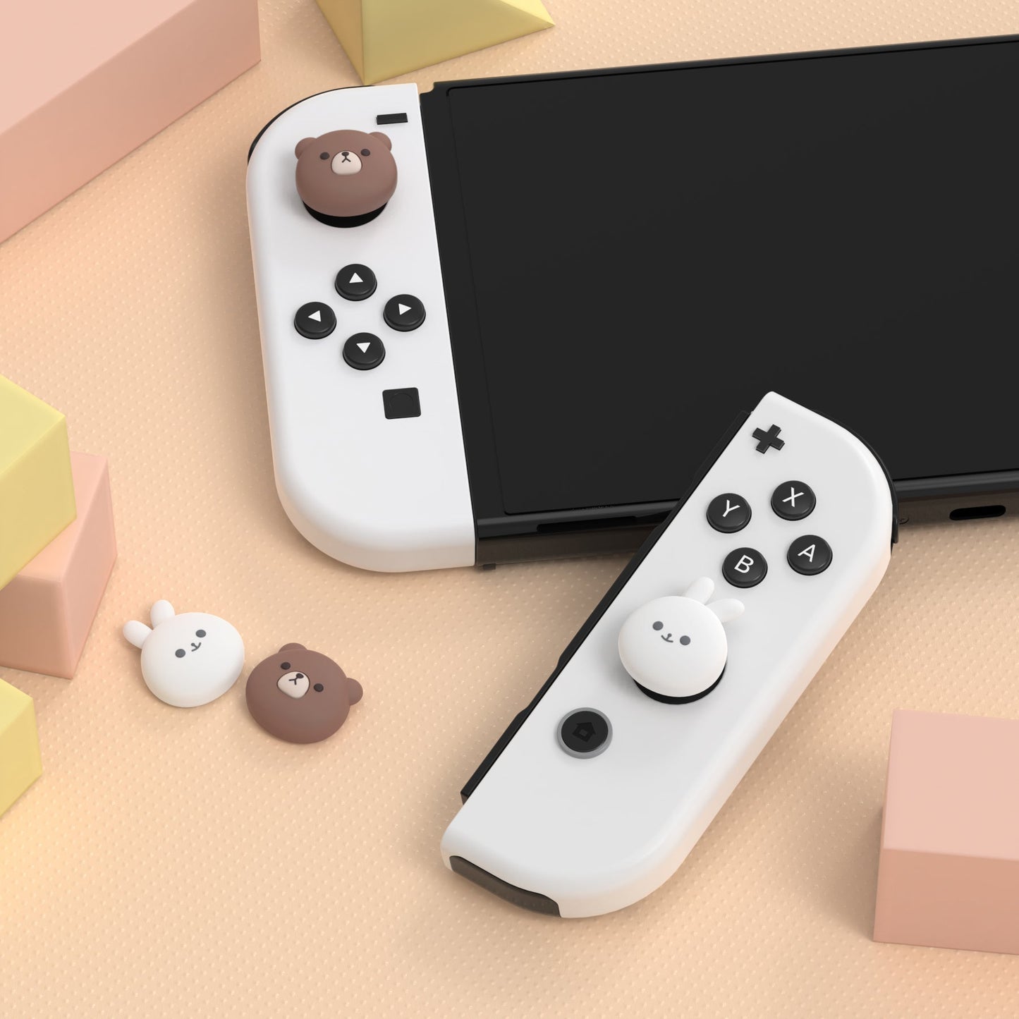 PlayVital Joystick Caps for NS Switch, Thumbstick Caps for NS Switch Lite, Analog Cover for NS Switch OLED Joycon Thumb Grip Caps for NS Switch & NS Switch Lite & NS Switch OLED - Chubby Bear & Smiley Bunny - NJM1174 playvital