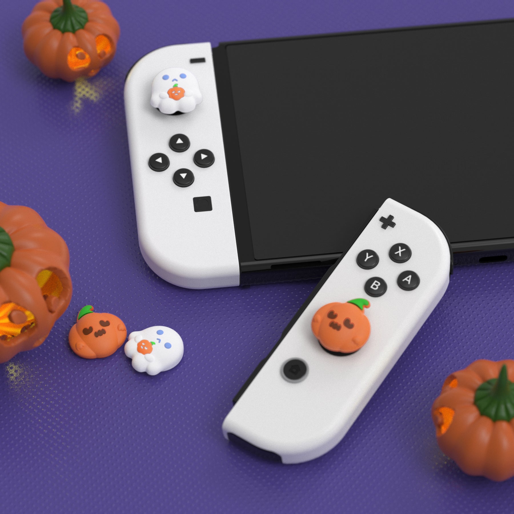 PlayVital Joystick Caps for NS Switch, Thumbstick Caps for NS Switch Lite, Analog Cover for NS Switch OLED Joycon Thumb Grip Caps for NS Switch & NS Switch Lite & NS Switch OLED - Spooky Ghost with Pumpkin - NJM1179 playvital