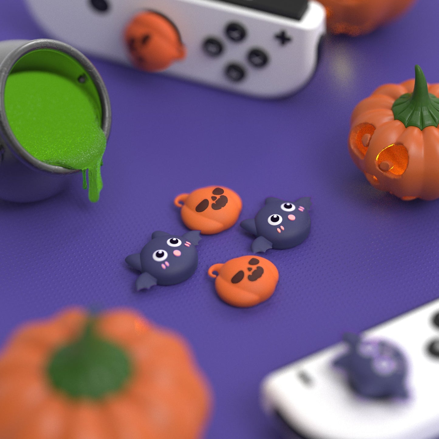 PlayVital Joystick Caps for NS Switch, Thumbstick Caps for NS Switch Lite, Analog Cover for NS Switch OLED Joycon Thumb Grip Caps for NS Switch & NS Switch Lite & NS Switch OLED - Halloween Pumpkin Bat - NJM1180 playvital