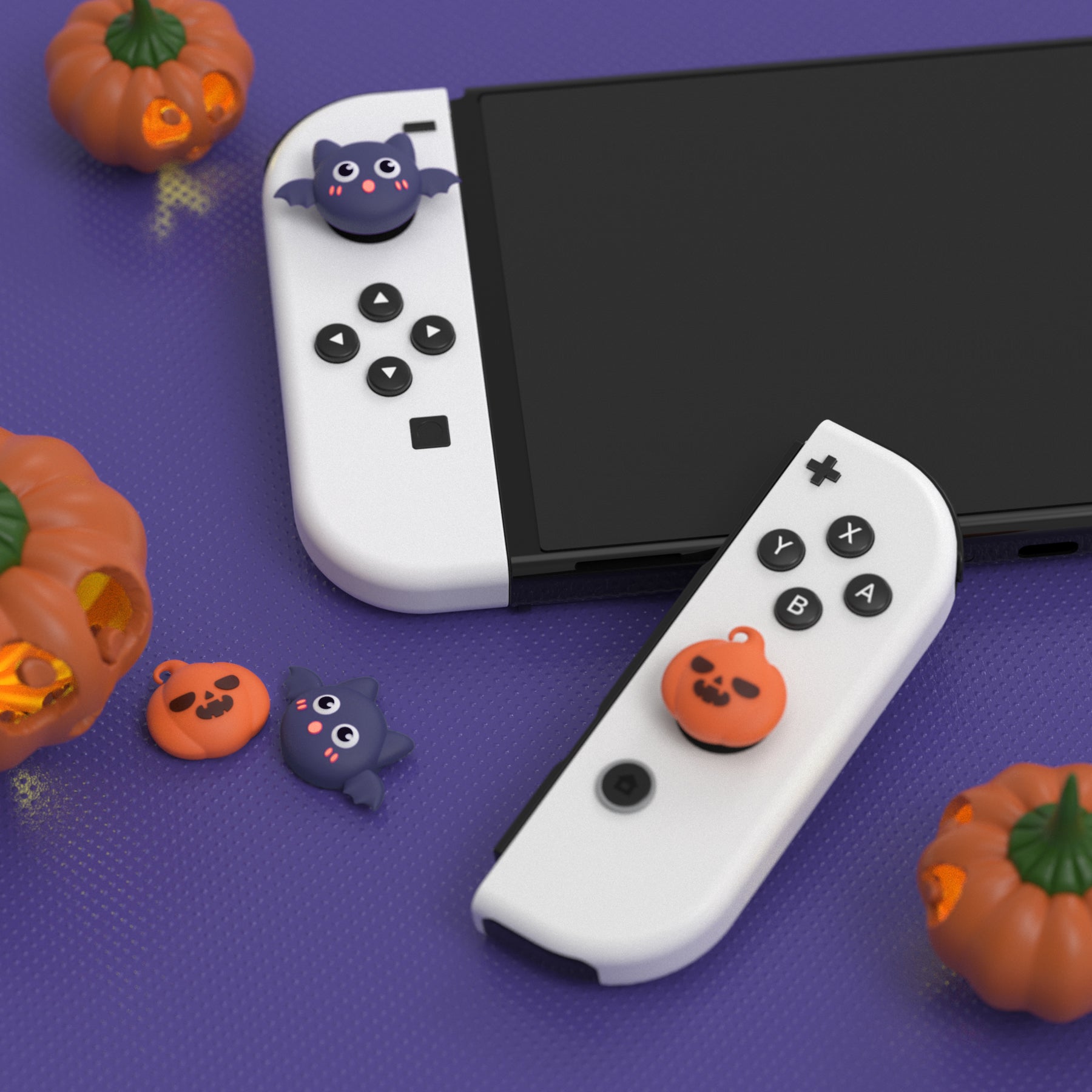 PlayVital Joystick Caps for NS Switch, Thumbstick Caps for NS Switch Lite, Analog Cover for NS Switch OLED Joycon Thumb Grip Caps for NS Switch & NS Switch Lite & NS Switch OLED - Halloween Pumpkin Bat - NJM1180 playvital