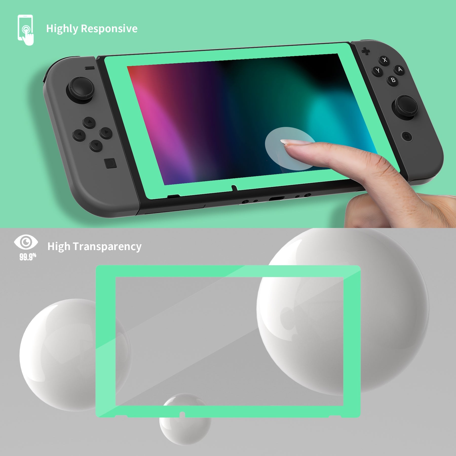 2 Pack Mint Green Border Transparent HD Clear Saver Protector Film, Tempered Glass Screen Protector for Nintendo Switch [Anti-Scratch, Anti-Fingerprint, Shatterproof, Bubble-Free] - NSPJ0706 playvital