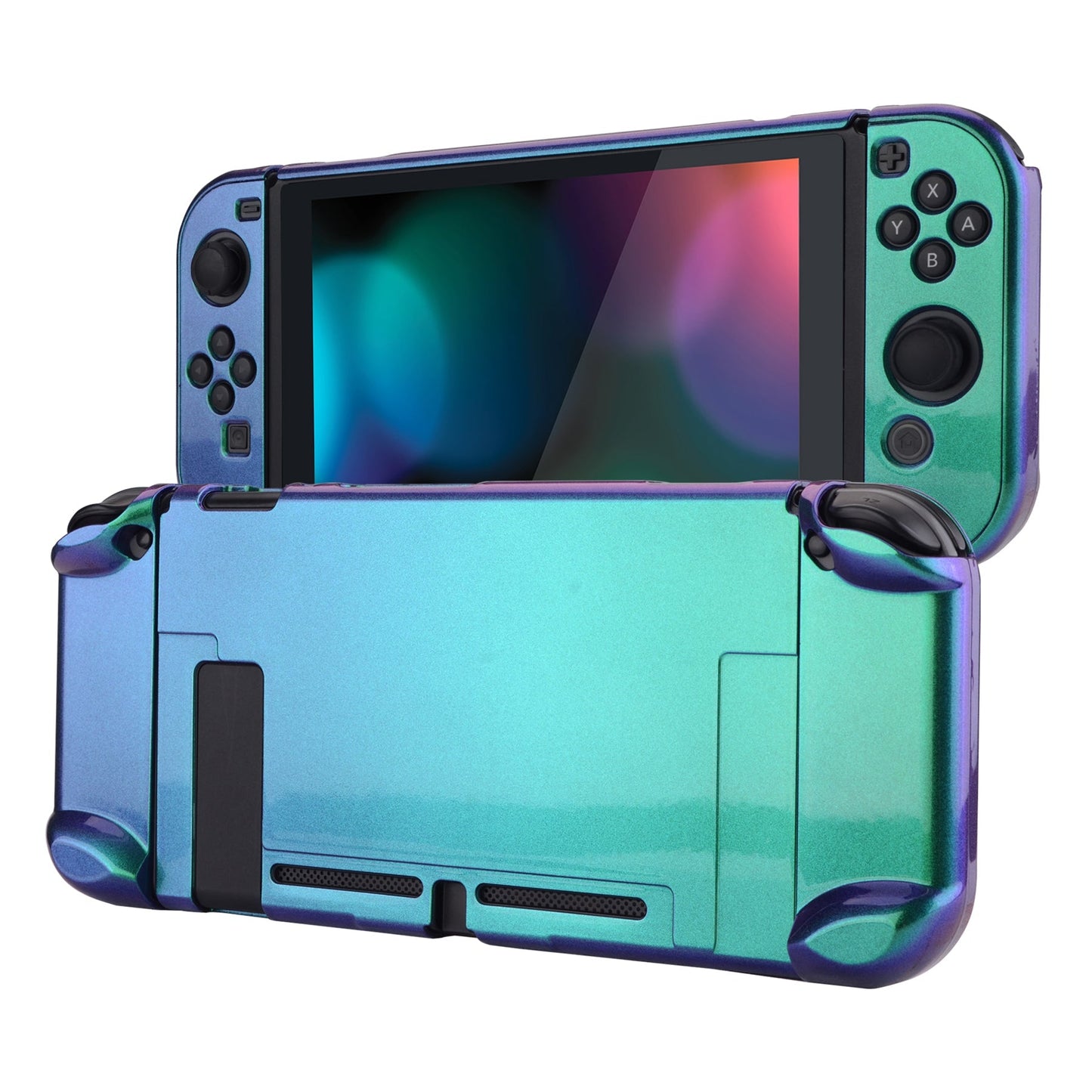 PlayVital Chameleon Green Purple Glossy Back Cover for NS Switch Console, NS Joycon Handheld Controller Separable Protector Hard Shell, Customized Dockable Protective Case for NS Switch - NTP304 PlayVital