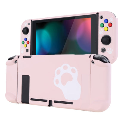 PlayVital Pink Cat Paw Back Cover for NS Switch Console, NS Joycon Handheld Controller Separable Protector Hard Shell, Dockable Protective Case with Colorful ABXY Direction Button Caps - NTT101 PlayVital