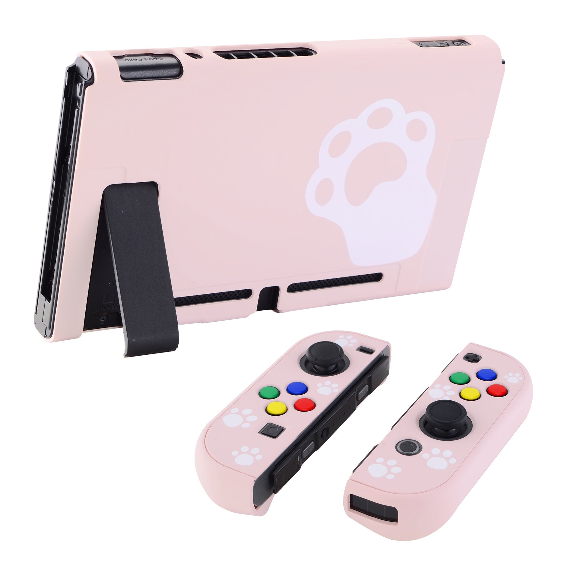 PlayVital Pink Cat Paw Back Cover for NS Switch Console, NS Joycon Handheld Controller Separable Protector Hard Shell, Dockable Protective Case with Colorful ABXY Direction Button Caps - NTT101 PlayVital