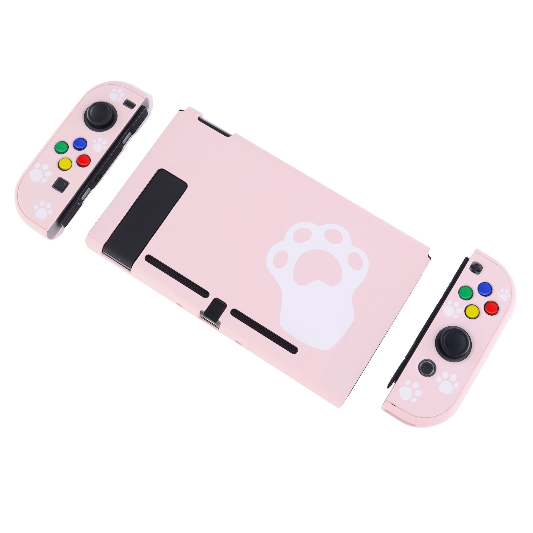 PlayVital Pink Cat Paw Back Cover for NS Switch Console, NS Joycon Handheld Controller Separable Protector Hard Shell, Dockable Protective Case with Colorful ABXY Direction Button Caps - NTT101 PlayVital