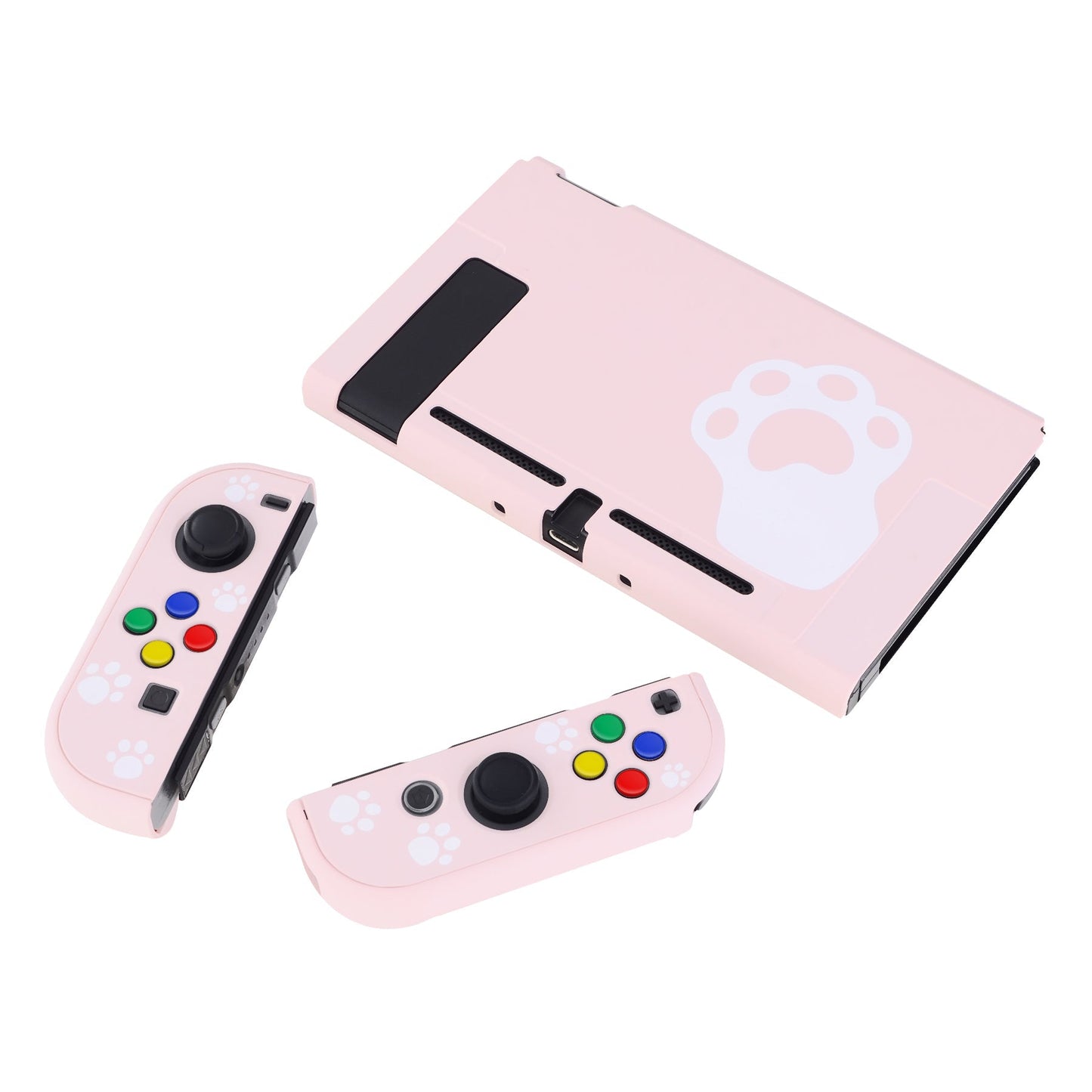 PlayVital Pink Cat Paw Back Cover for NS Switch Console, NS Joycon Handheld Controller Separable Protector Hard Shell, Dockable Protective Case with Colorful ABXY Direction Button Caps - NTT101 PlayVital