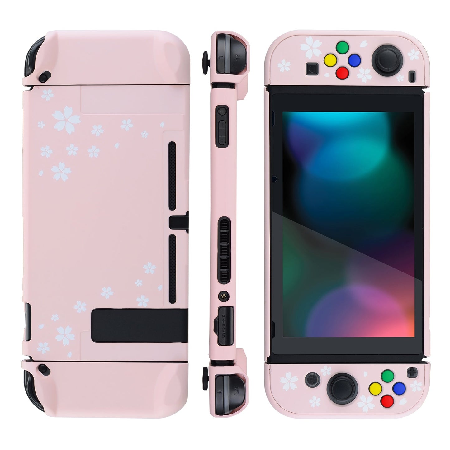 PlayVital Cherry Blossoms Petals Back Cover for NS Switch Console, NS Joycon Handheld Controller Separable Protector Hard Shell, Dockable Protective Case with Colorful ABXY Direction Button Caps - NTT102 PlayVital