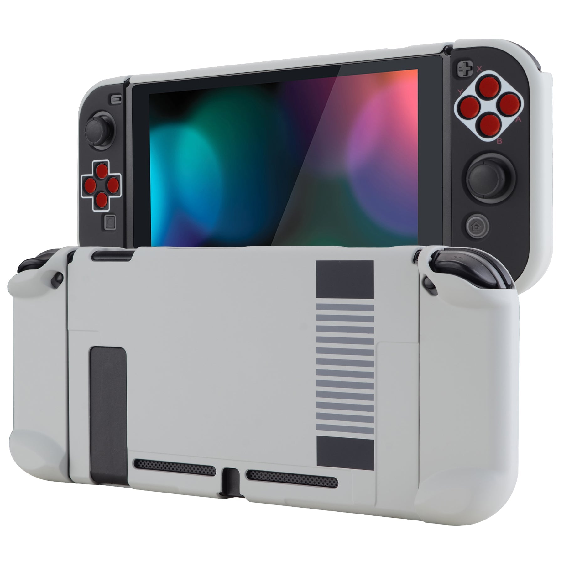 PlayVital Classics NES Style Back Cover for NS Switch Console, NS Joycon Handheld Controller Separable Protector Hard Shell, Dockable Protective Case with Red ABXY Direction Button Caps - NTT103 PlayVital