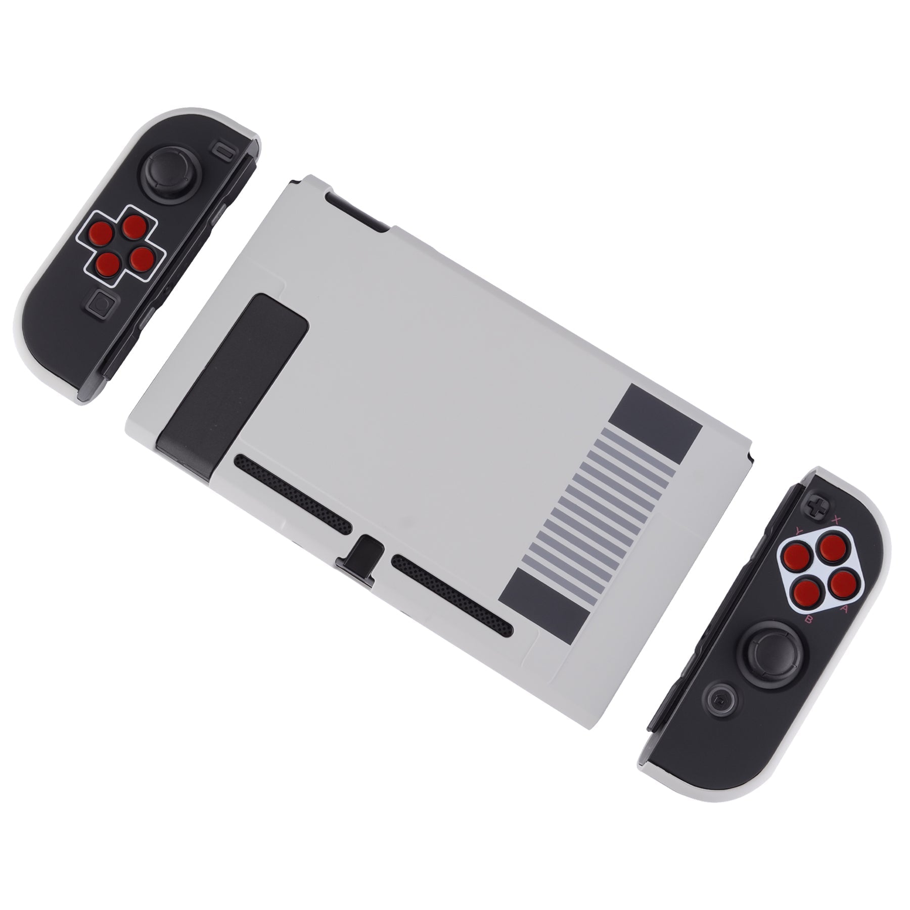 PlayVital Classics NES Style Back Cover for NS Switch Console, NS Joycon Handheld Controller Separable Protector Hard Shell, Dockable Protective Case with Red ABXY Direction Button Caps - NTT103 PlayVital