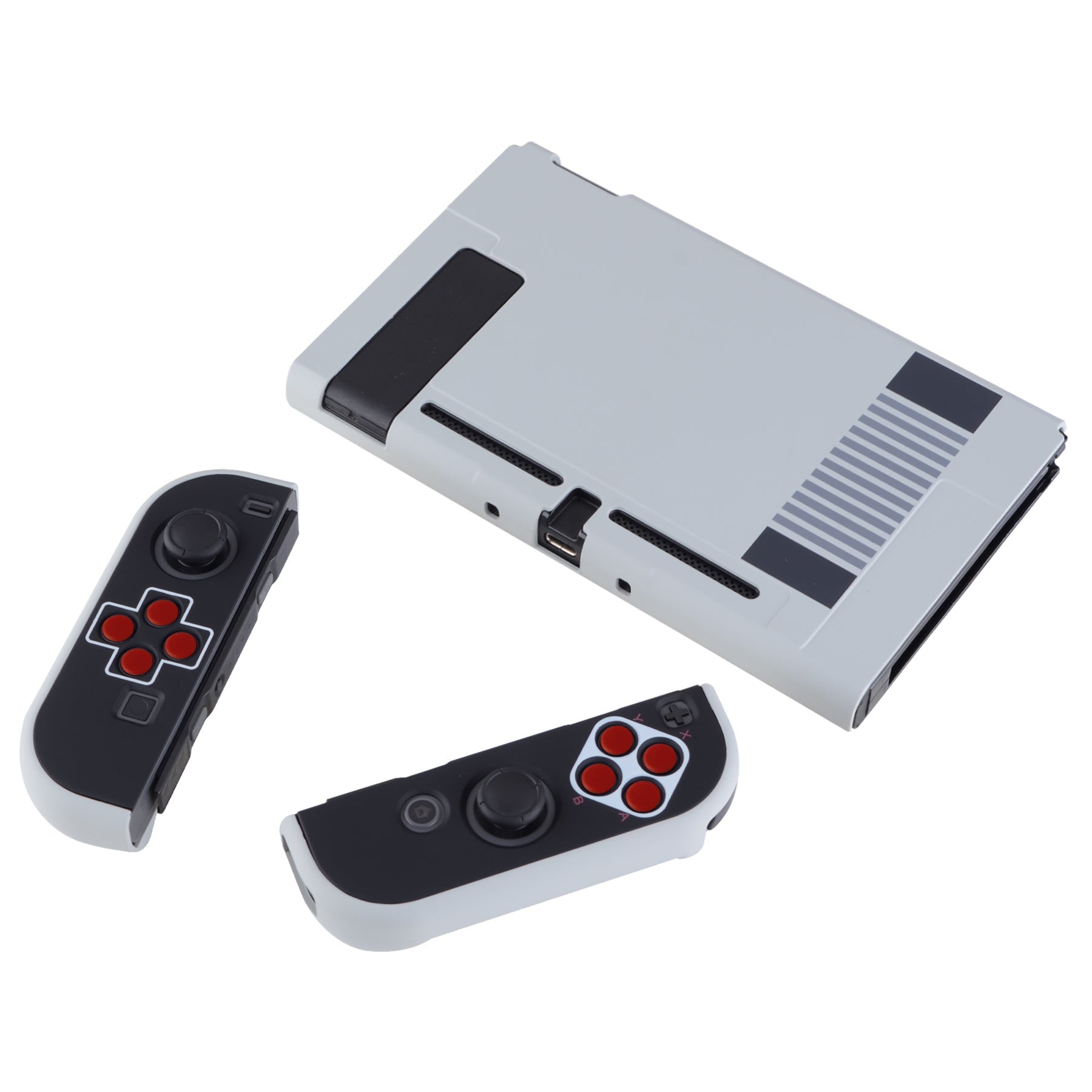 PlayVital Classics NES Style Back Cover for NS Switch Console, NS Joycon Handheld Controller Separable Protector Hard Shell, Dockable Protective Case with Red ABXY Direction Button Caps - NTT103 PlayVital