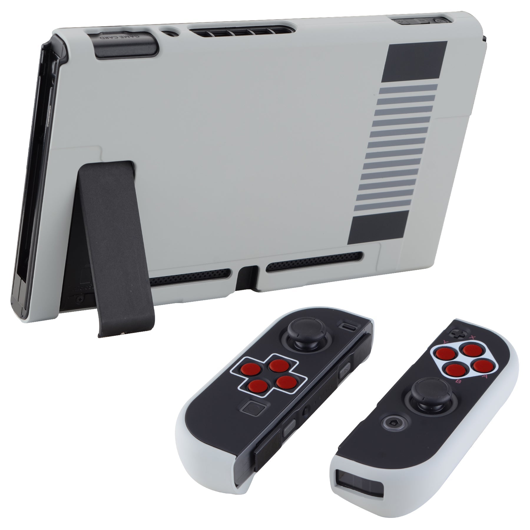 PlayVital Classics NES Style Back Cover for NS Switch Console, NS Joycon Handheld Controller Separable Protector Hard Shell, Dockable Protective Case with Red ABXY Direction Button Caps - NTT103 PlayVital