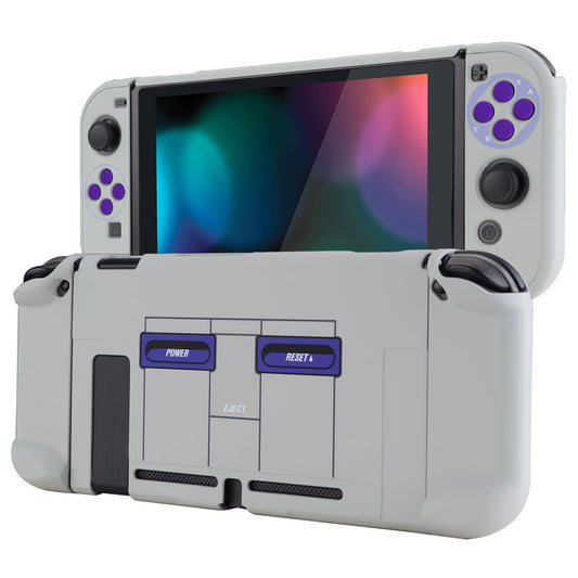 PlayVital Classics SNES Style Back Cover for NS Switch Console, NS Joycon Handheld Controller Separable Protector Hard Shell, Dockable Protective Case with Purple ABXY Direction Button Caps - NTT104 PlayVital