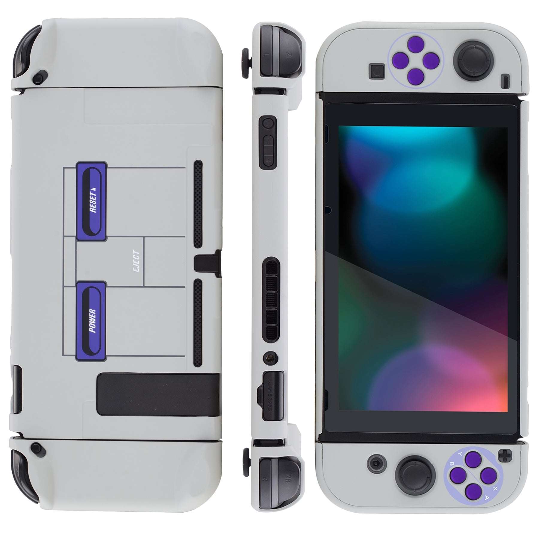 PlayVital Classics SNES Style Back Cover for NS Switch Console, NS Joycon Handheld Controller Separable Protector Hard Shell, Dockable Protective Case with Purple ABXY Direction Button Caps - NTT104 PlayVital