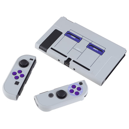 PlayVital Classics SNES Style Back Cover for NS Switch Console, NS Joycon Handheld Controller Separable Protector Hard Shell, Dockable Protective Case with Purple ABXY Direction Button Caps - NTT104 PlayVital