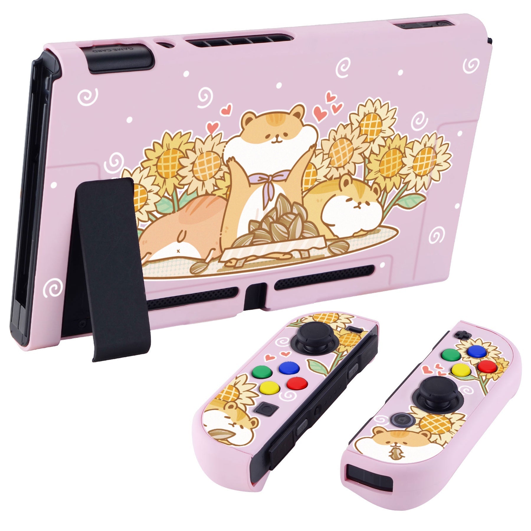 PlayVital Hamster & Sunflower Back Cover for NS Switch Console, NS Joycon Handheld Controller Separable Protector Hard Shell, Dockable Protective Case with Colorful ABXY Direction Button Caps - NTT106 PlayVital