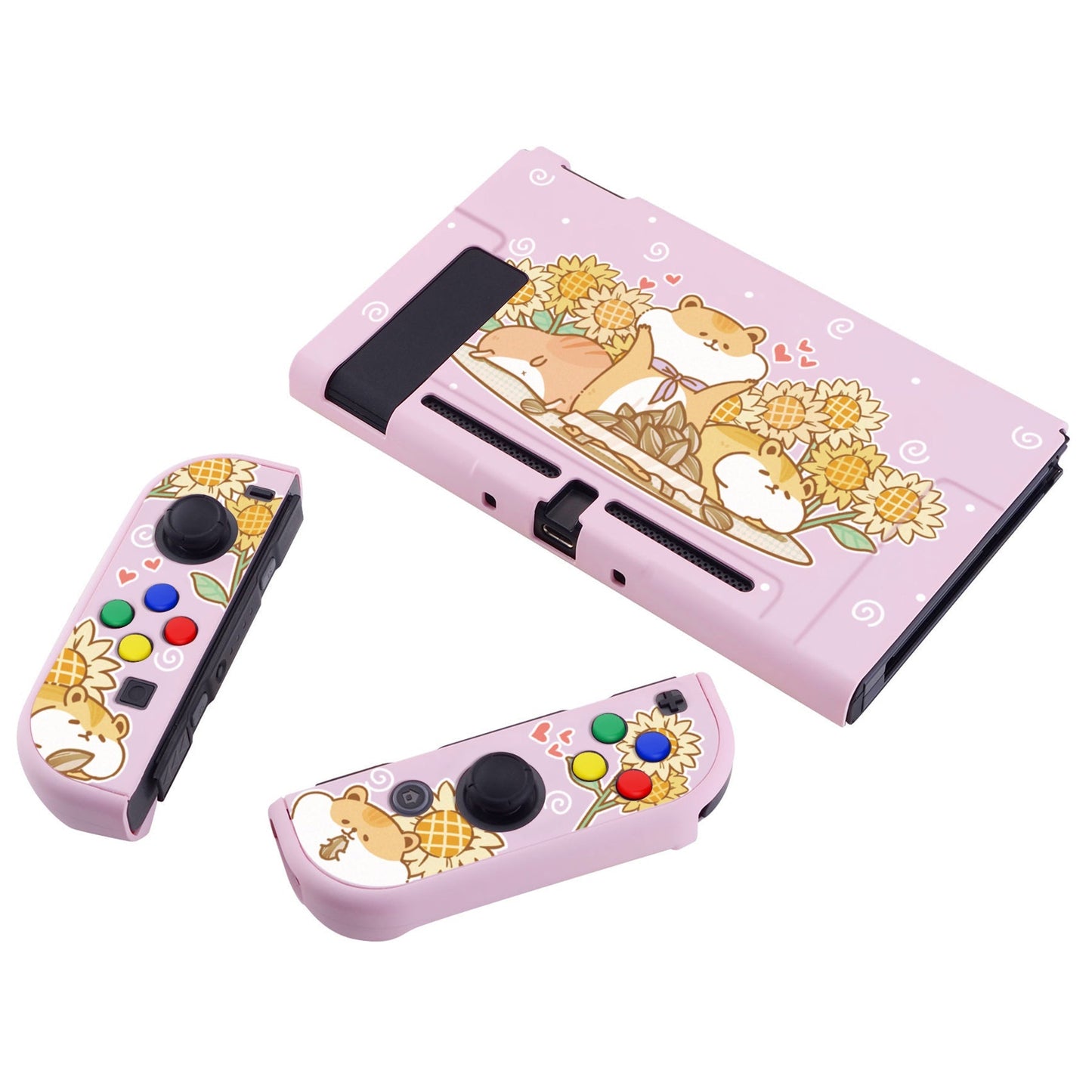 PlayVital Hamster & Sunflower Back Cover for NS Switch Console, NS Joycon Handheld Controller Separable Protector Hard Shell, Dockable Protective Case with Colorful ABXY Direction Button Caps - NTT106 PlayVital