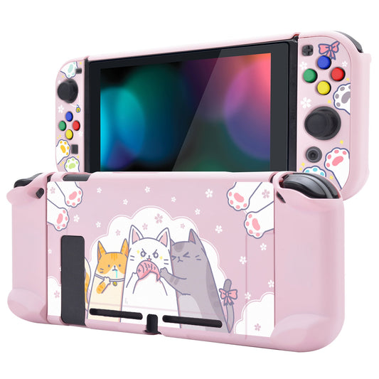 PlayVital Hungry Kitties Back Cover for NS Switch Console, NS Joycon Handheld Controller Separable Protector Hard Shell, Dockable Protective Case with Colorful ABXY Direction Button Caps - NTT112 PlayVital