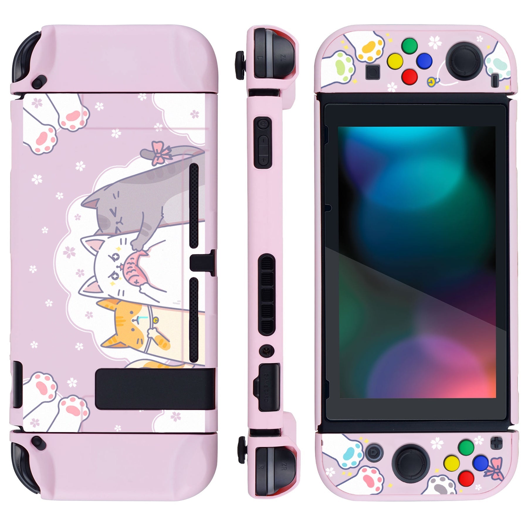 PlayVital Hungry Kitties Back Cover for NS Switch Console, NS Joycon Handheld Controller Separable Protector Hard Shell, Dockable Protective Case with Colorful ABXY Direction Button Caps - NTT112 PlayVital