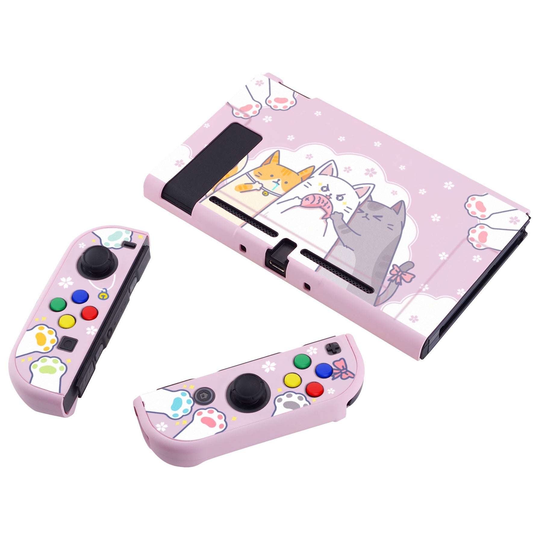 PlayVital Hungry Kitties Back Cover for NS Switch Console, NS Joycon Handheld Controller Separable Protector Hard Shell, Dockable Protective Case with Colorful ABXY Direction Button Caps - NTT112 PlayVital