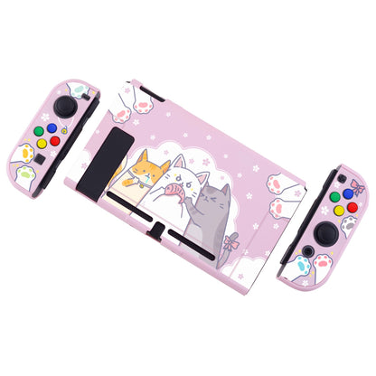 PlayVital Hungry Kitties Back Cover for NS Switch Console, NS Joycon Handheld Controller Separable Protector Hard Shell, Dockable Protective Case with Colorful ABXY Direction Button Caps - NTT112 PlayVital