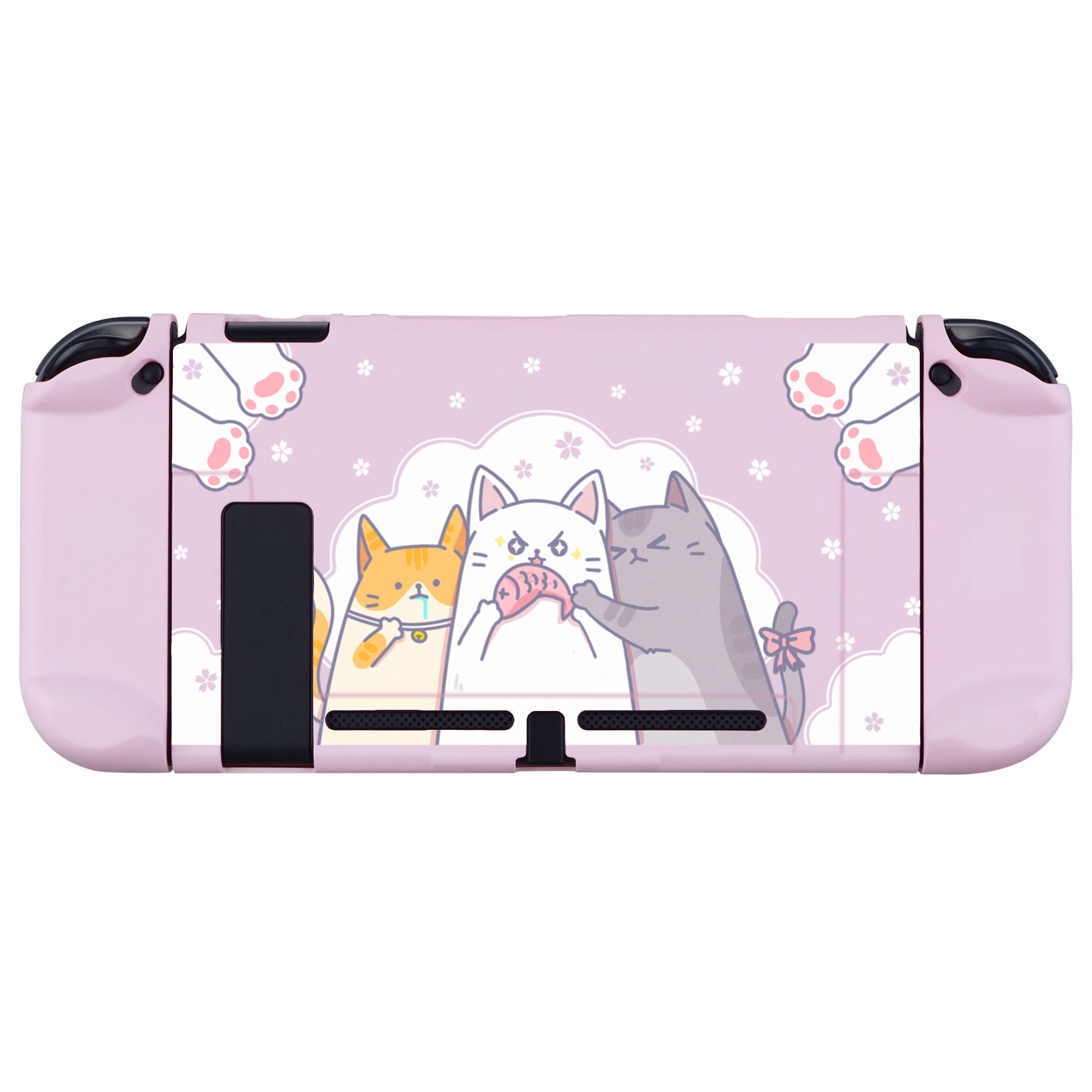 PlayVital Hungry Kitties Back Cover for NS Switch Console, NS Joycon Handheld Controller Separable Protector Hard Shell, Dockable Protective Case with Colorful ABXY Direction Button Caps - NTT112 PlayVital