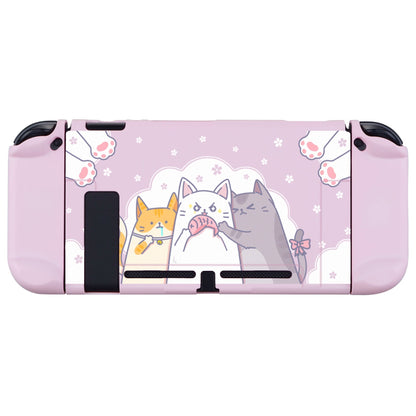 PlayVital Hungry Kitties Back Cover for NS Switch Console, NS Joycon Handheld Controller Separable Protector Hard Shell, Dockable Protective Case with Colorful ABXY Direction Button Caps - NTT112 PlayVital