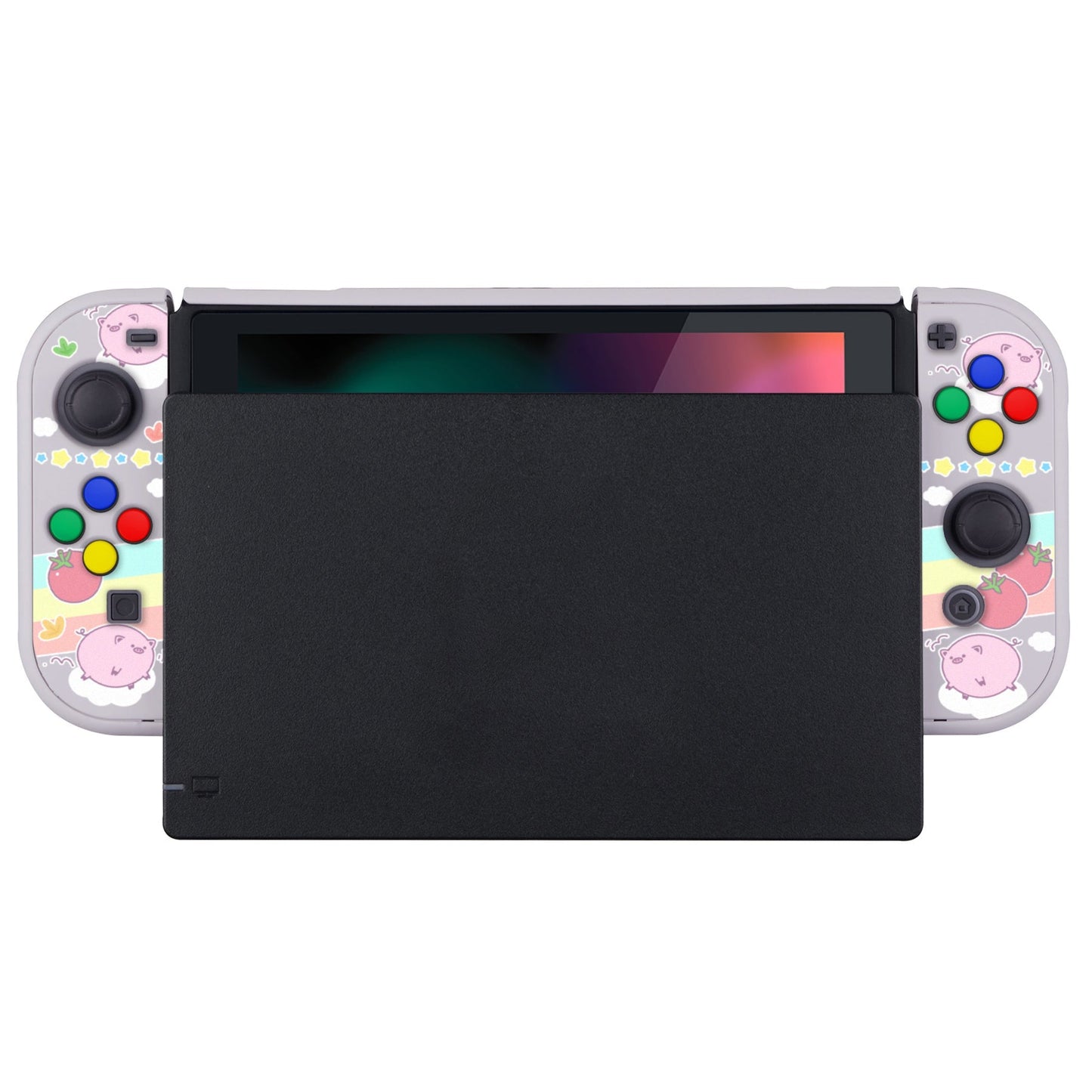 PlayVital Piggy Sandwich Back Cover for NS Switch Console, NS Joycon Handheld Controller Separable Protector Hard Shell, Dockable Protective Case with Colorful ABXY Direction Button Caps - NTT118 PlayVital