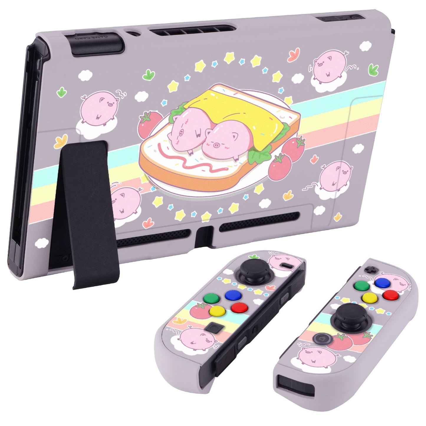 PlayVital Piggy Sandwich Back Cover for NS Switch Console, NS Joycon Handheld Controller Separable Protector Hard Shell, Dockable Protective Case with Colorful ABXY Direction Button Caps - NTT118 PlayVital