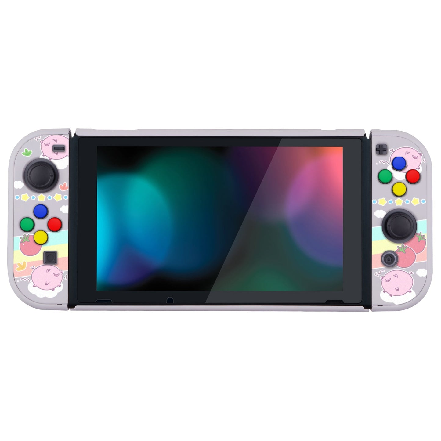 PlayVital Piggy Sandwich Back Cover for NS Switch Console, NS Joycon Handheld Controller Separable Protector Hard Shell, Dockable Protective Case with Colorful ABXY Direction Button Caps - NTT118 PlayVital