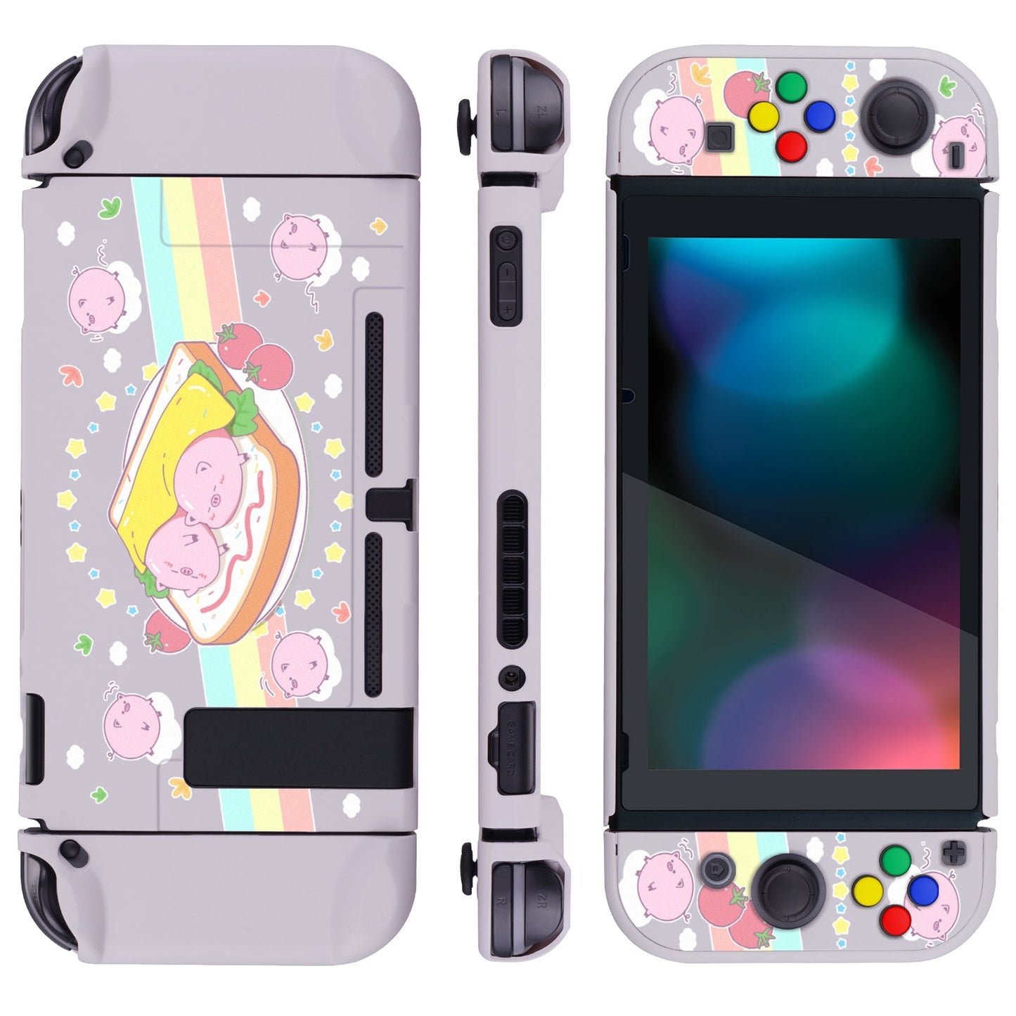 PlayVital Piggy Sandwich Back Cover for NS Switch Console, NS Joycon Handheld Controller Separable Protector Hard Shell, Dockable Protective Case with Colorful ABXY Direction Button Caps - NTT118 PlayVital