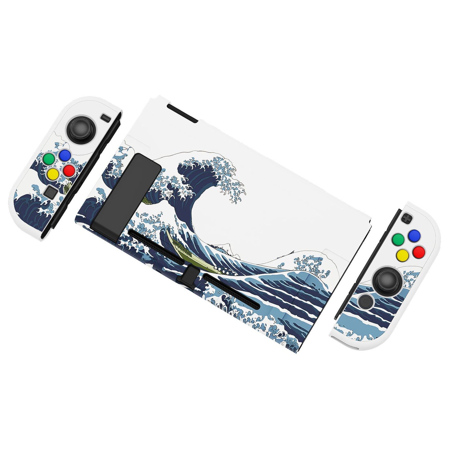 PlayVital Back Cover for Nintendo Switch, NS Joycon Handheld Controller Protector Hard Shell, Dockable Protective Case with Colorful ABXY Direction Button Caps - The Great Wave - NTT121 PlayVital