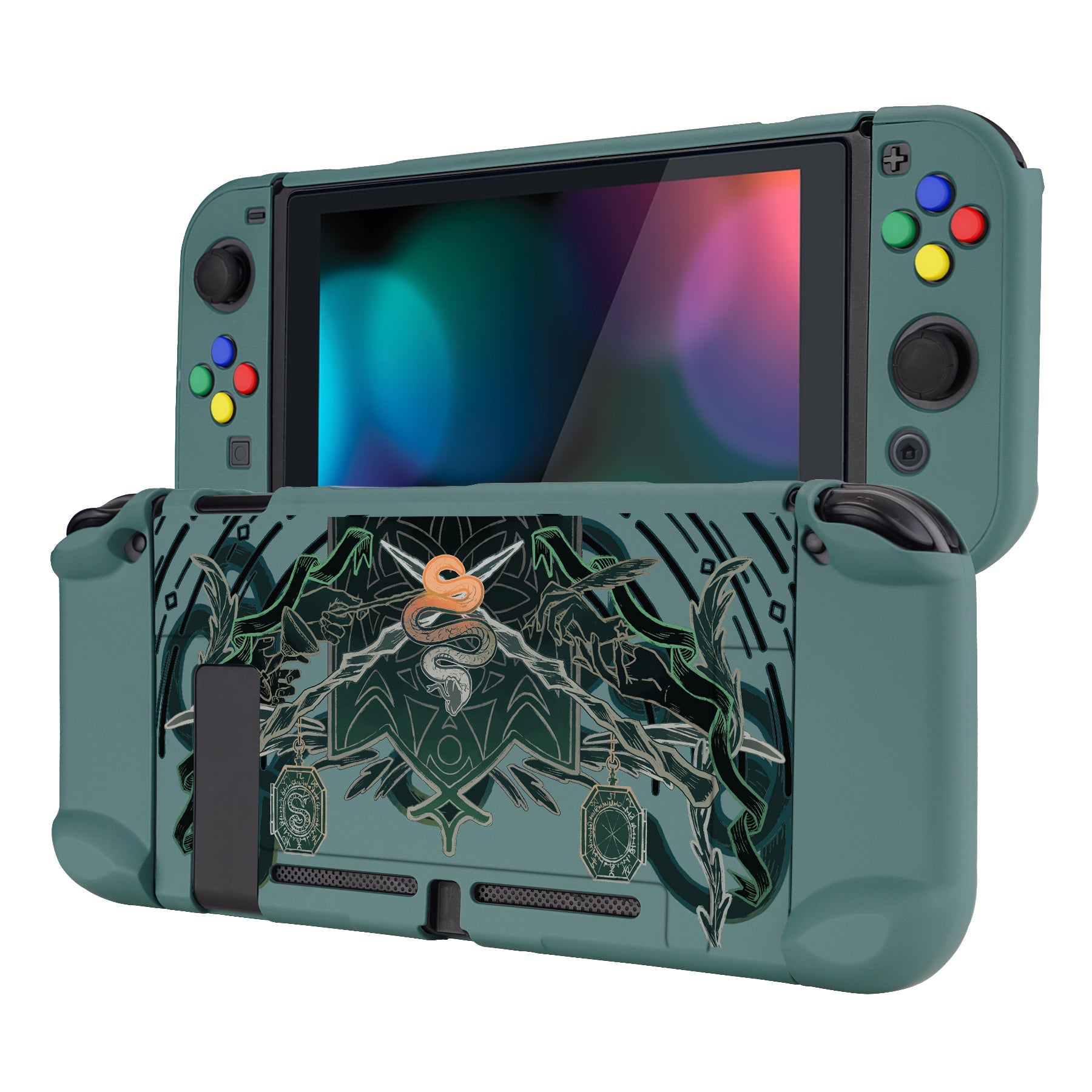 PlayVital Serpent Totem Back Cover for NS Switch Console, NS Joycon Handheld Controller Separable Protector Hard Shell, Dockable Protective Case with Red ABXY Direction Button Caps - NTT122 PlayVital