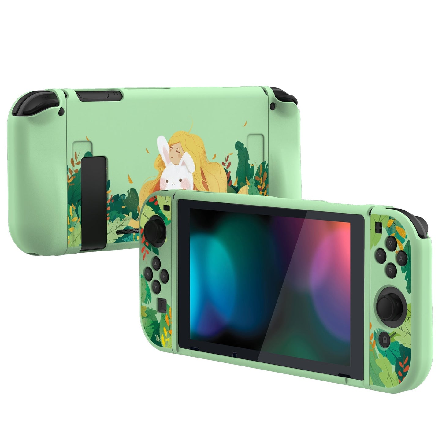 PlayVital Rabbit & Girl Protective Case for NS Switch, Soft TPU Slim Case Cover for NS Switch Joy-Con Console with Colorful ABXY Direction Button Caps - NTU6011 PlayVital