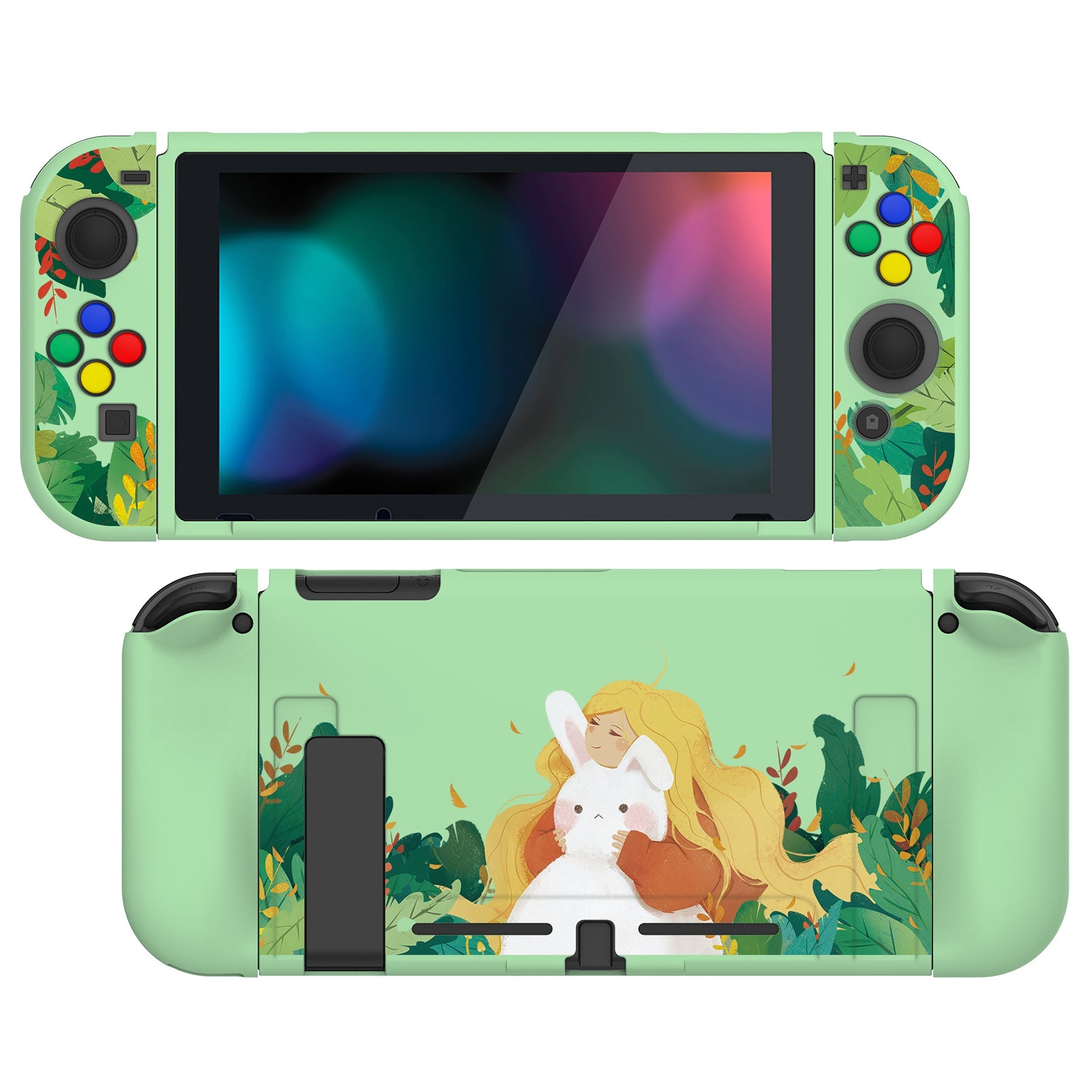 PlayVital Rabbit & Girl Protective Case for NS Switch, Soft TPU Slim Case Cover for NS Switch Joy-Con Console with Colorful ABXY Direction Button Caps - NTU6011 PlayVital