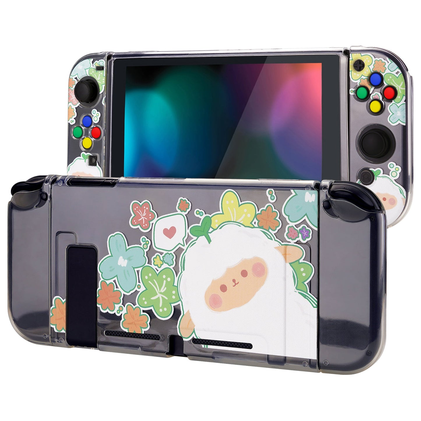 PlayVital Protective Case for Nintendo Switch, Soft TPU Slim Case Cover for Nintendo Switch Joycon Console with Colorful ABXY Direction Button Caps - Flowery Sheep - NTU6028 PlayVital