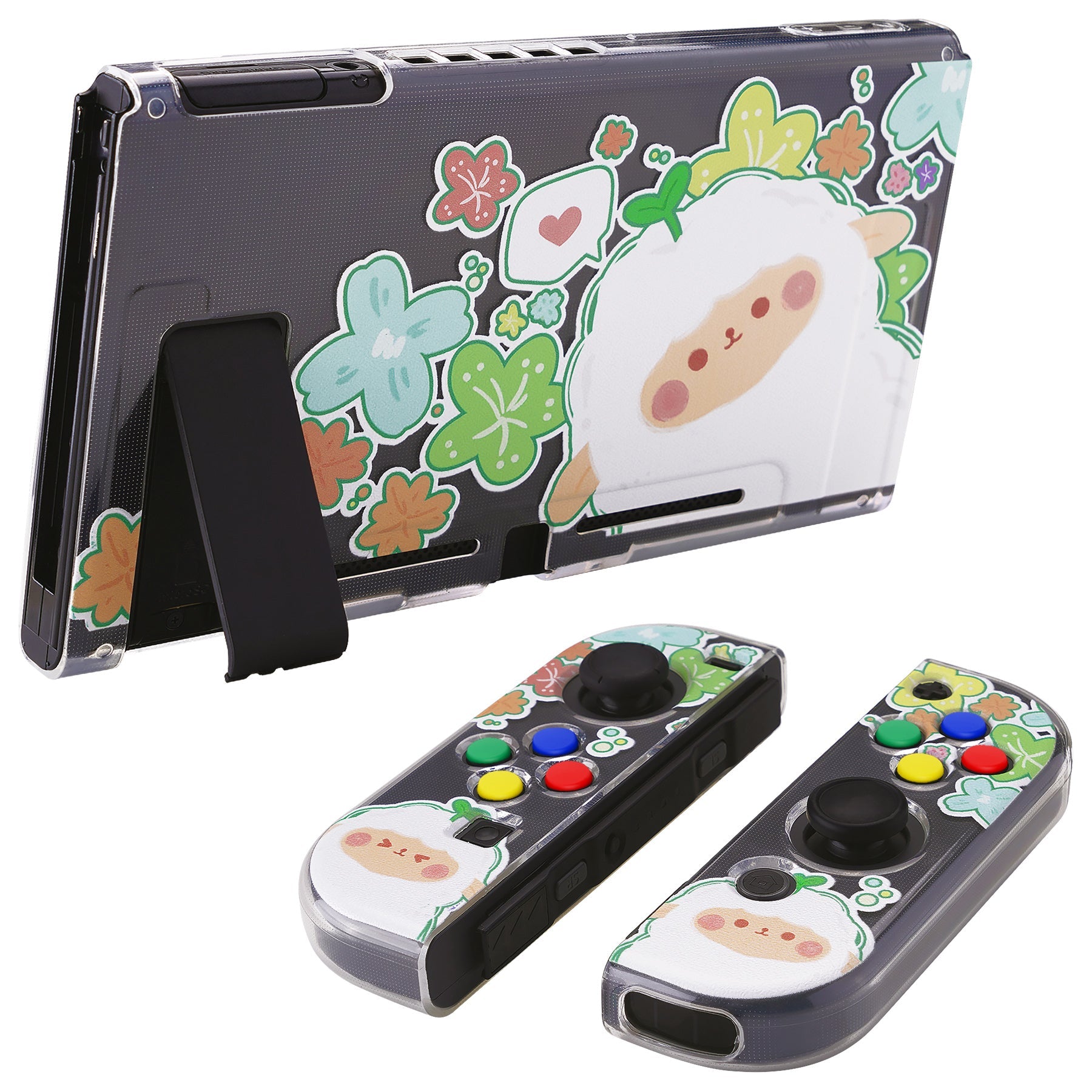 PlayVital Protective Case for Nintendo Switch, Soft TPU Slim Case Cover for Nintendo Switch Joycon Console with Colorful ABXY Direction Button Caps - Flowery Sheep - NTU6028 PlayVital