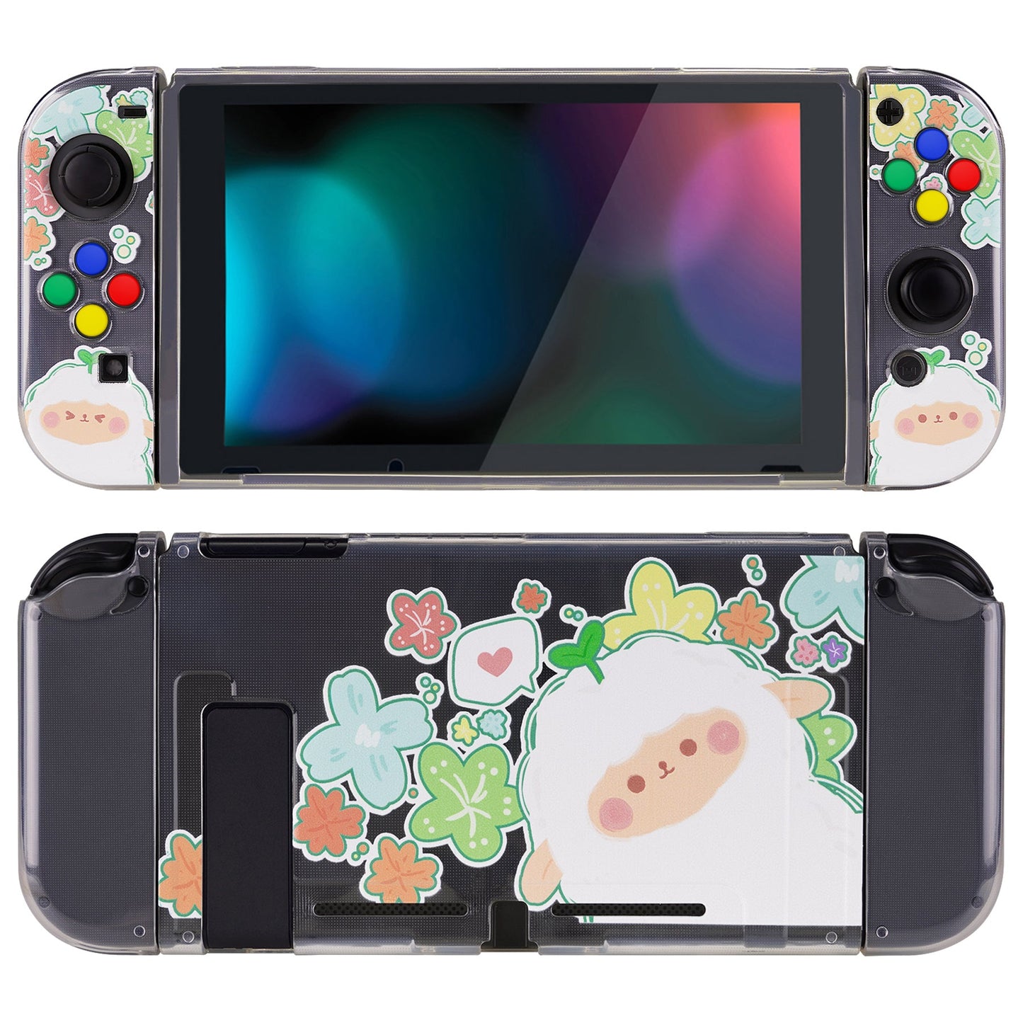 PlayVital Protective Case for Nintendo Switch, Soft TPU Slim Case Cover for Nintendo Switch Joycon Console with Colorful ABXY Direction Button Caps - Flowery Sheep - NTU6028 PlayVital