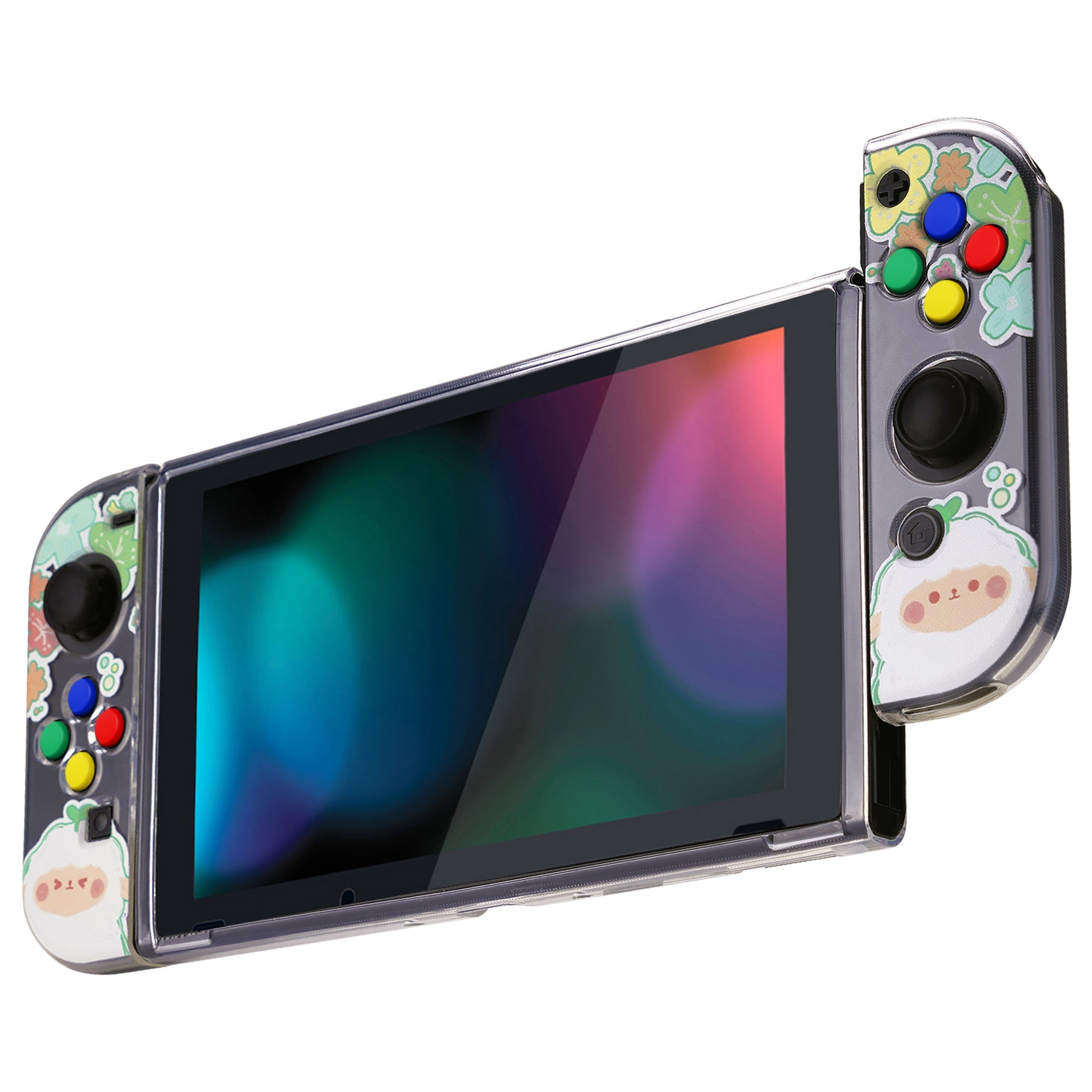 PlayVital Protective Case for Nintendo Switch, Soft TPU Slim Case Cover for Nintendo Switch Joycon Console with Colorful ABXY Direction Button Caps - Flowery Sheep - NTU6028 PlayVital