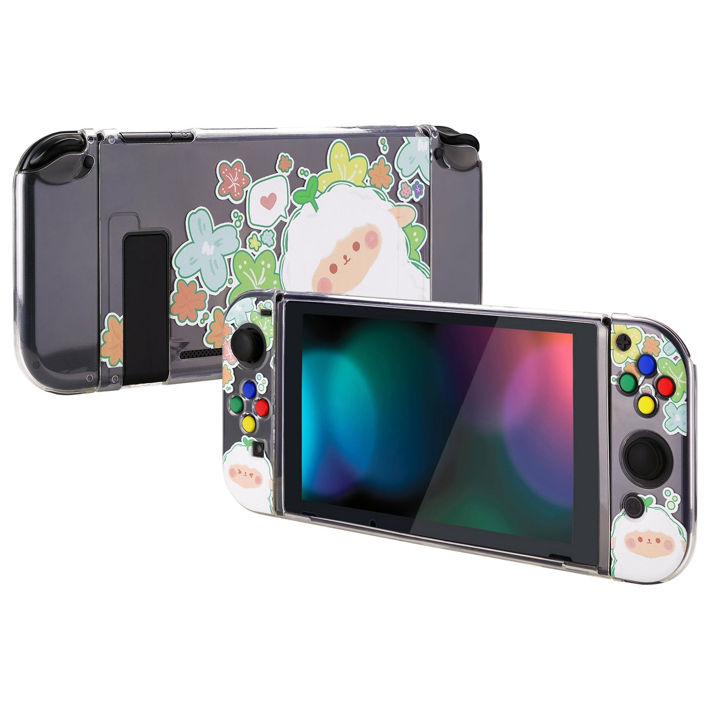 PlayVital Protective Case for Nintendo Switch, Soft TPU Slim Case Cover for Nintendo Switch Joycon Console with Colorful ABXY Direction Button Caps - Flowery Sheep - NTU6028 PlayVital