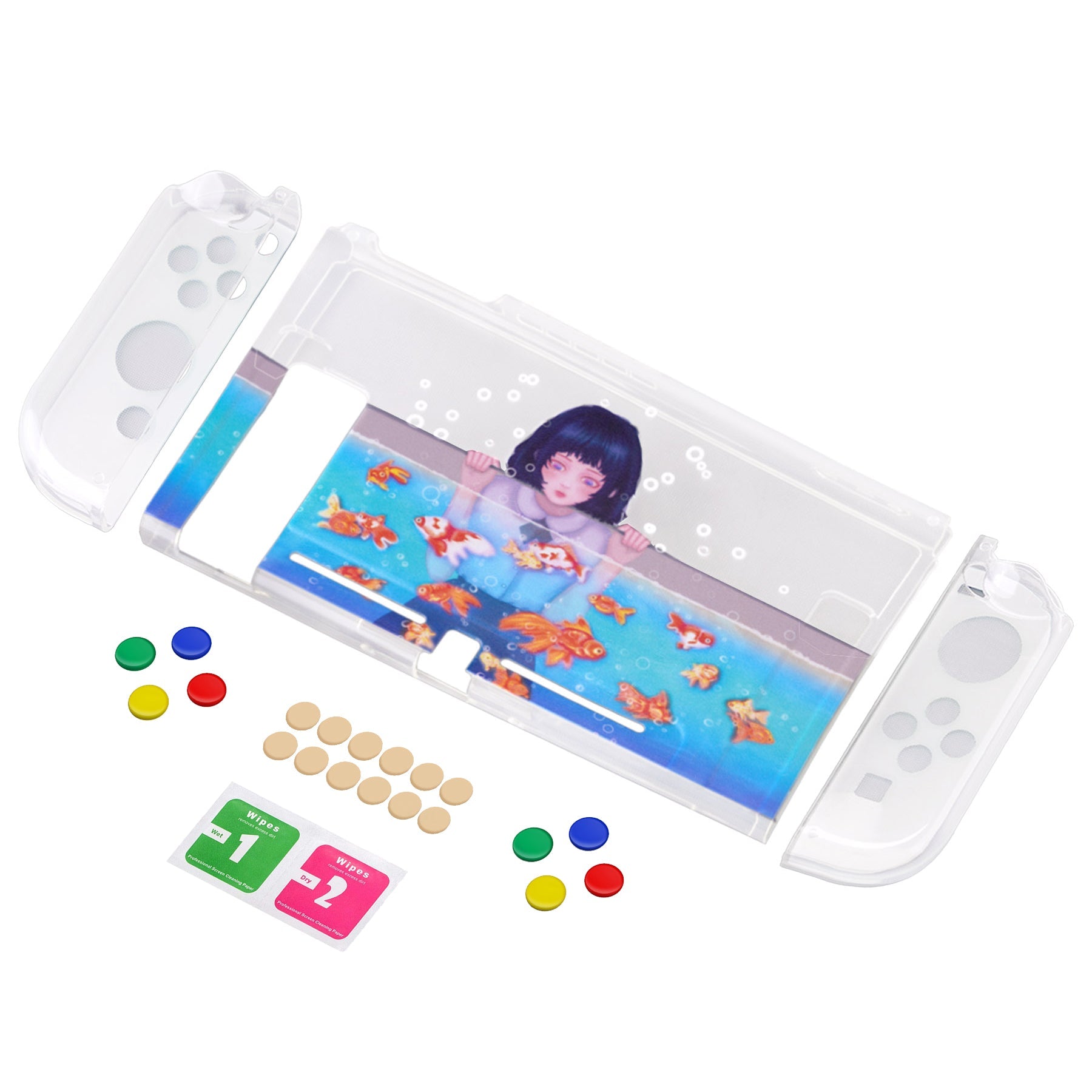 PlayVital Transparent Protective Case for NS Switch, Soft TPU Slim Case Cover for NS Switch Joycon Console with ColorfulABXY Direction Button Caps - Aquarium Girl - NTU6029 PlayVital