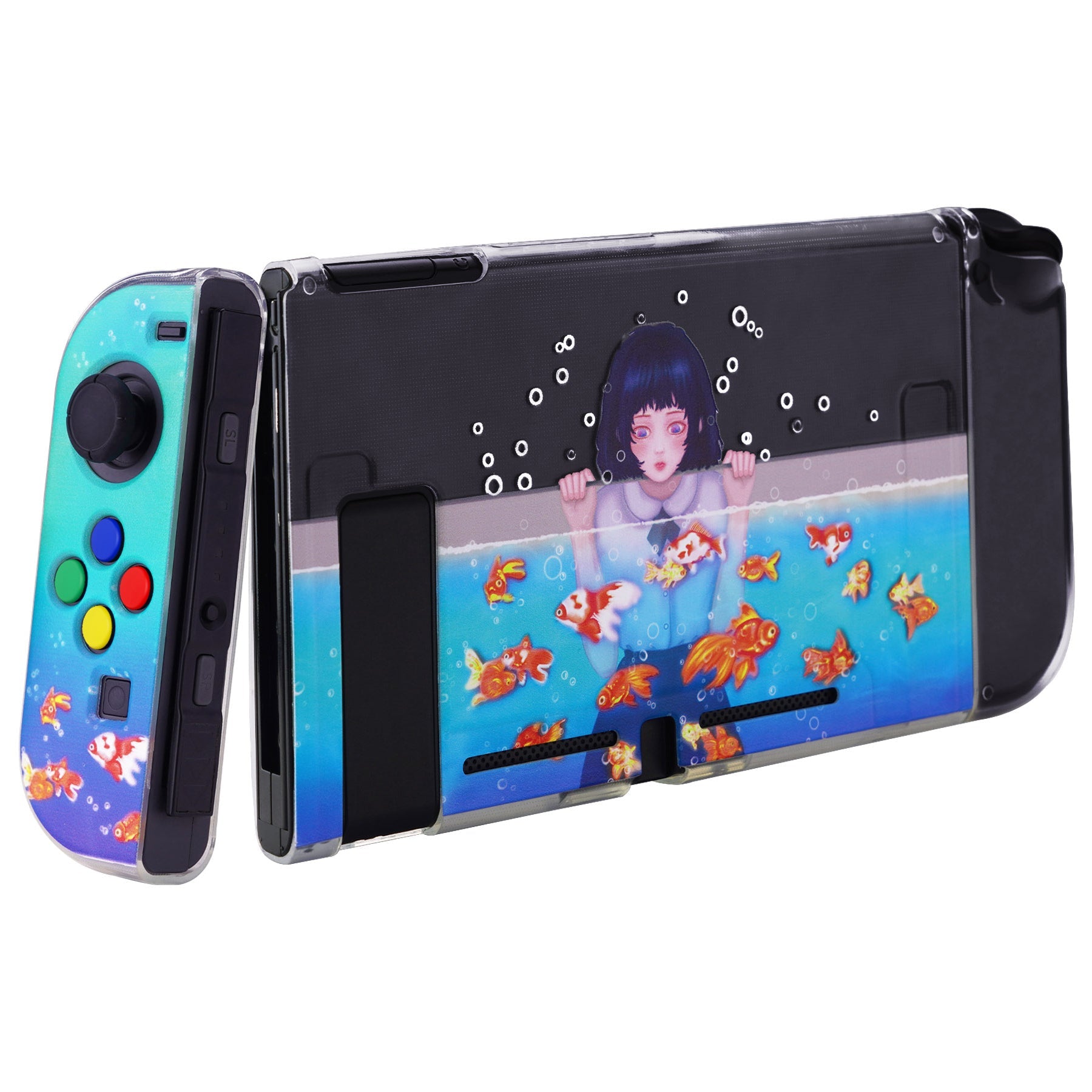 PlayVital Transparent Protective Case for NS Switch, Soft TPU Slim Case Cover for NS Switch Joycon Console with ColorfulABXY Direction Button Caps - Aquarium Girl - NTU6029 PlayVital