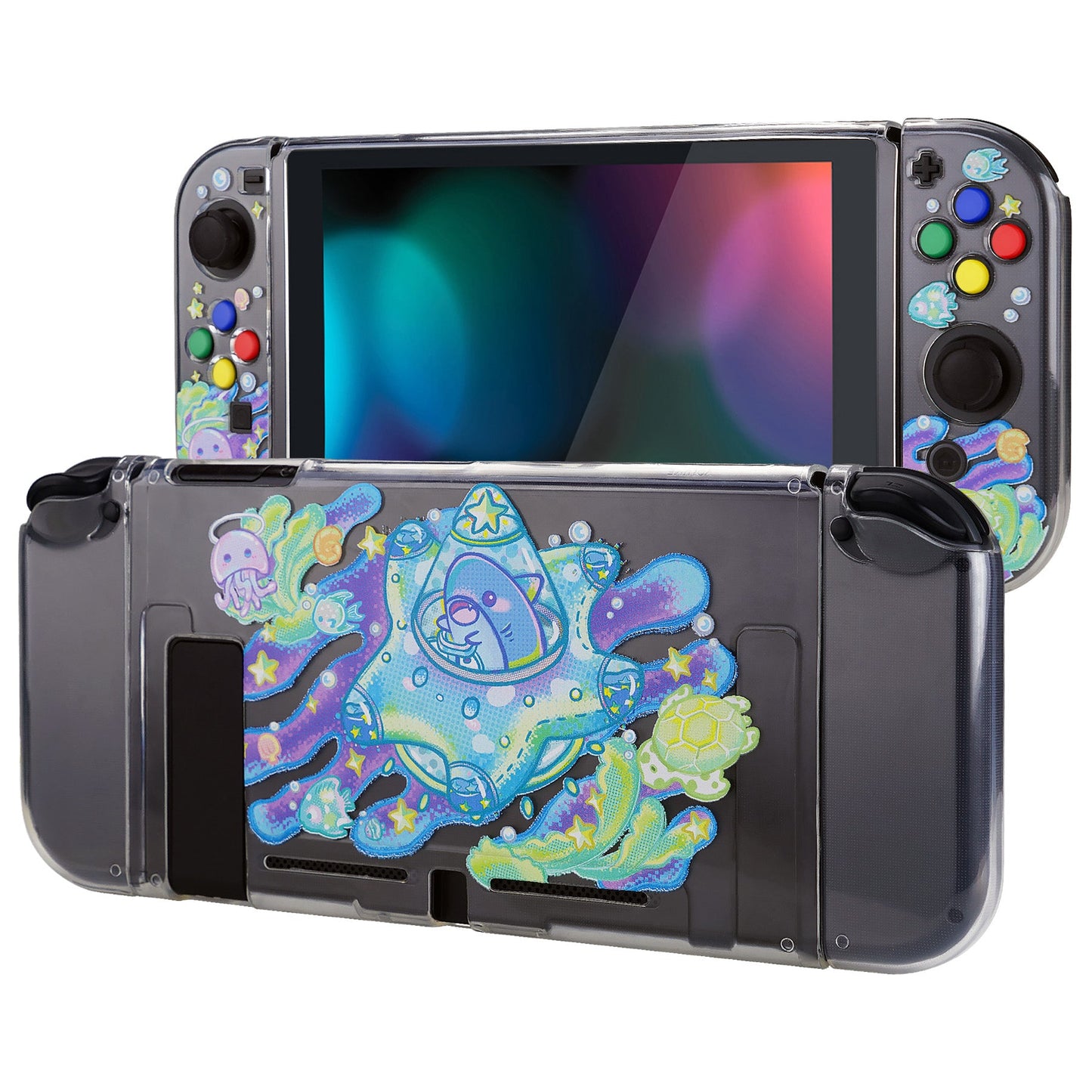 PlayVital Soft TPU Slim Protective Case with Colorful ABXY Direction Button Caps for NS Switch - Shark Quest - NTU6035 PlayVital