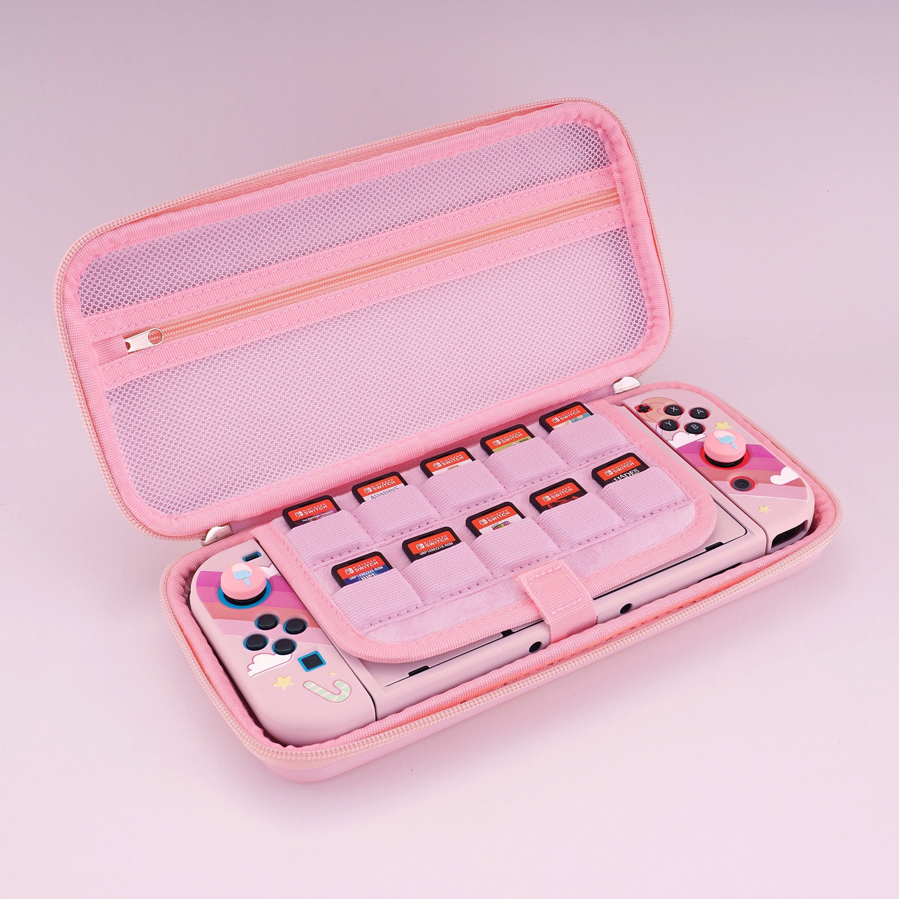 PlayVital Pink Cute Switch Carrying Case, Switch Portable Pouch, Soft Velvet Lining Switch Storage Bag, Travel Case for NS Switch OLED with Thumb Grips Game Cards Slots & Inner Pocket - Kitten & Chicken - NTW002 PlayVital