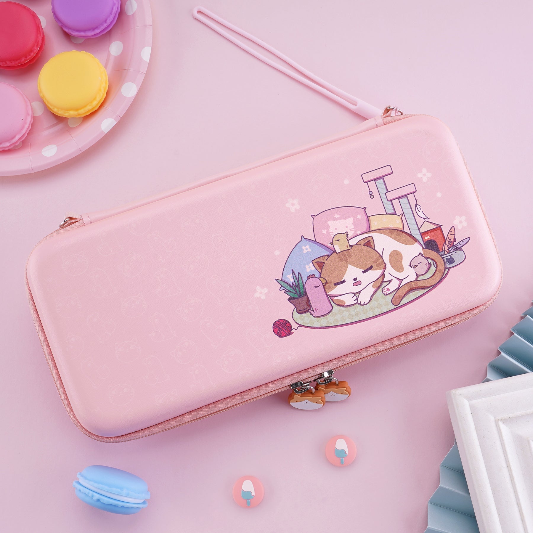 PlayVital Pink Cute Switch Carrying Case, Switch Portable Pouch, Soft Velvet Lining Switch Storage Bag, Travel Case for NS Switch OLED with Thumb Grips Game Cards Slots & Inner Pocket - Kitten & Chicken - NTW002 PlayVital